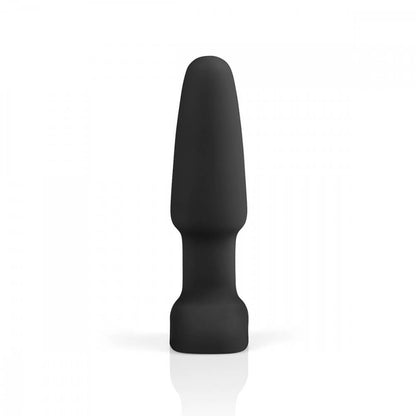 A side view of the b-Vibe Rimming Plug 2. This showcases the slight retention area diameter change near the base as well as the tapered, torpedo-esque design of the shaft of the plug. The retention area ratio is not as extreme as other b-Vibe toys designed to stay in the butt for long hours of wear. | Kinkly Shop