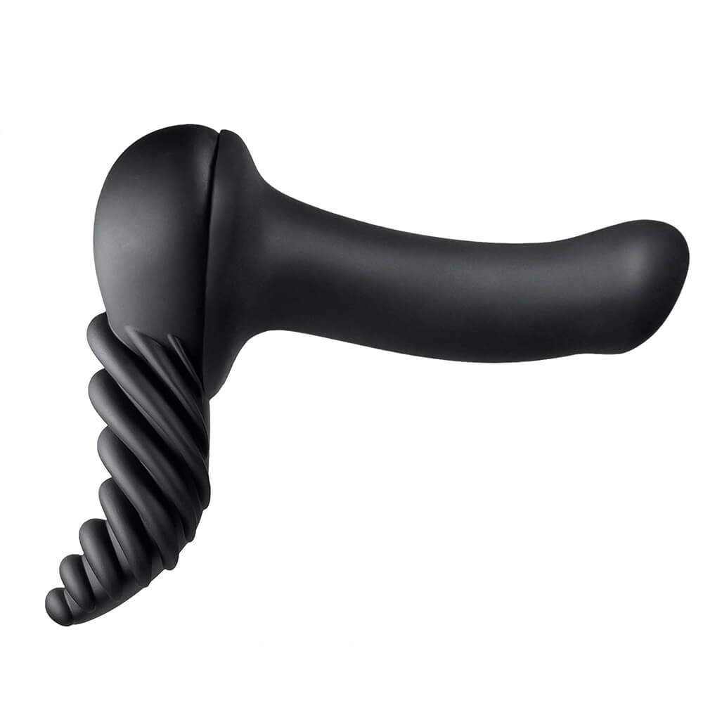 The black LuvGrind pressed against the base of a black dildo. | Kinkly Shop