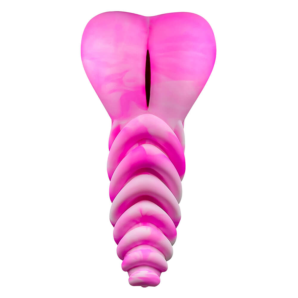 A straight-on shot of the LuvGrind in Pink Swirl. This showcases the chasm and chamber where someone with bottom growth who can slide into this chasm. | Kinkly Shop