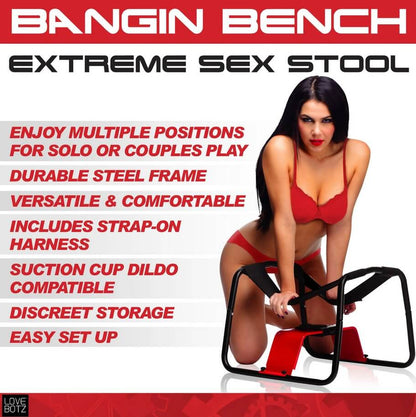 Promotional image shows a person leaning on top of the elastic straps of the XR Bangin' Bench, showcasing how flexible they are. Featured text on the image reads: "Enjoy multiple positions for solo or couples play. Durable steel frame. Versatile and comfortable. Includes strap-on harness. Suction cup dildo compatible. Discreet storage. Easy set up." | Kinkly Shop