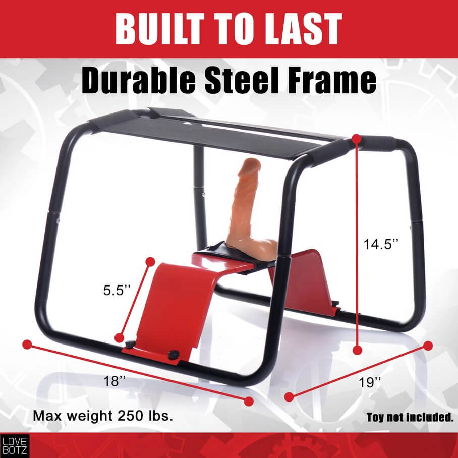 Picture of the XR Bangin' Bench with a dildo attached to it. Measurements are superimposed overtop of the various sides. All measurements can be found in the product text. Other text on the image reads: "Built to last. Durable steel frame. Max weight 250 pounds. Toy not included." | Kinkly Shop