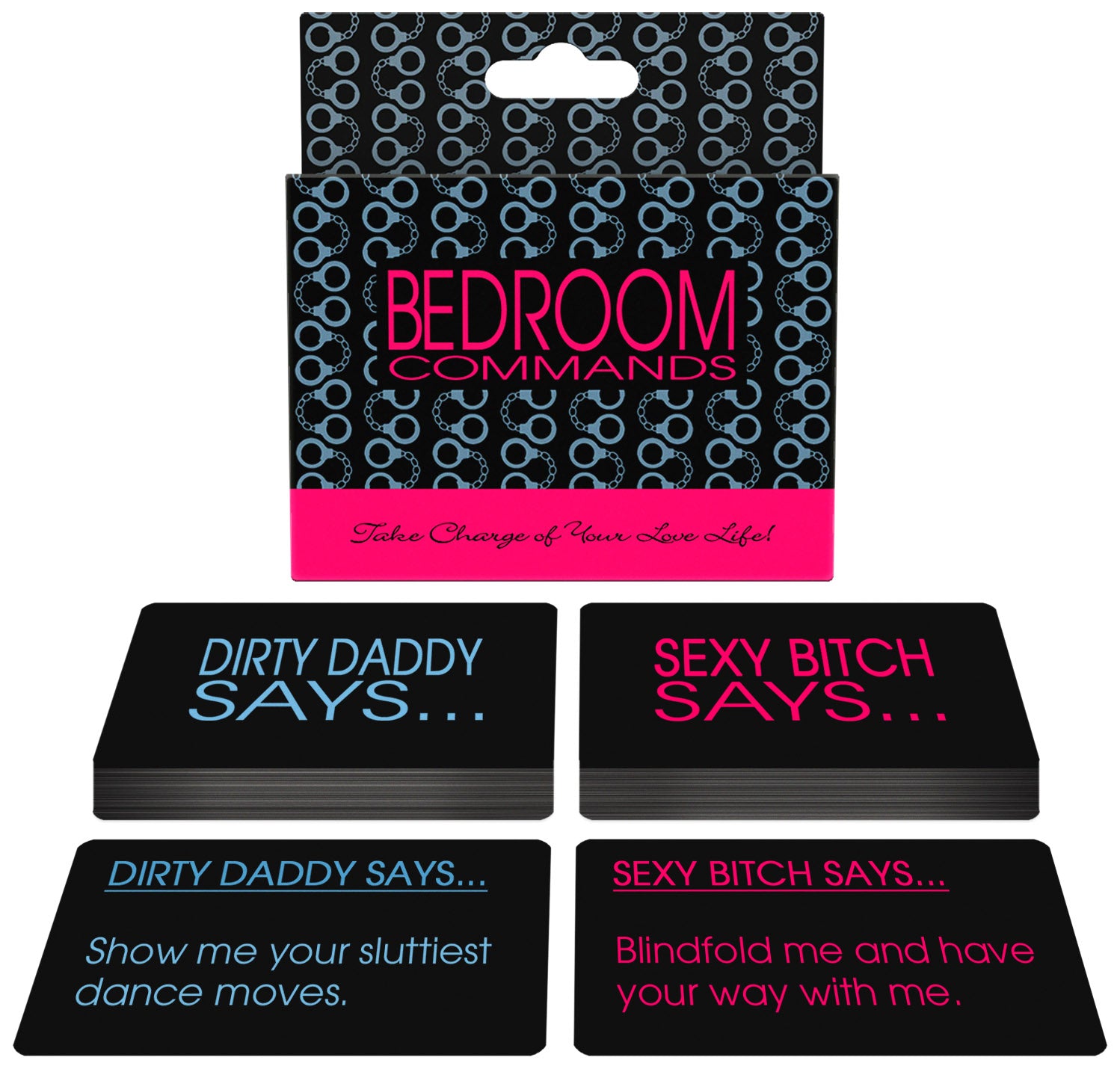 Packaging of the Bedroom Commands with examples of the two decks of cards included within the Bedroom Commands | Kinkly Shop