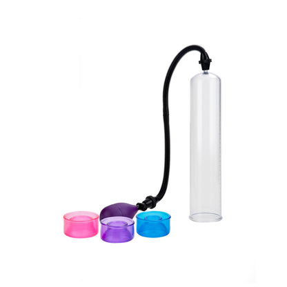 The Big Man's Pump 12" penis pump is shown next to the 3 material seals for different sizes at the base of the pump. | Kinkly Shop