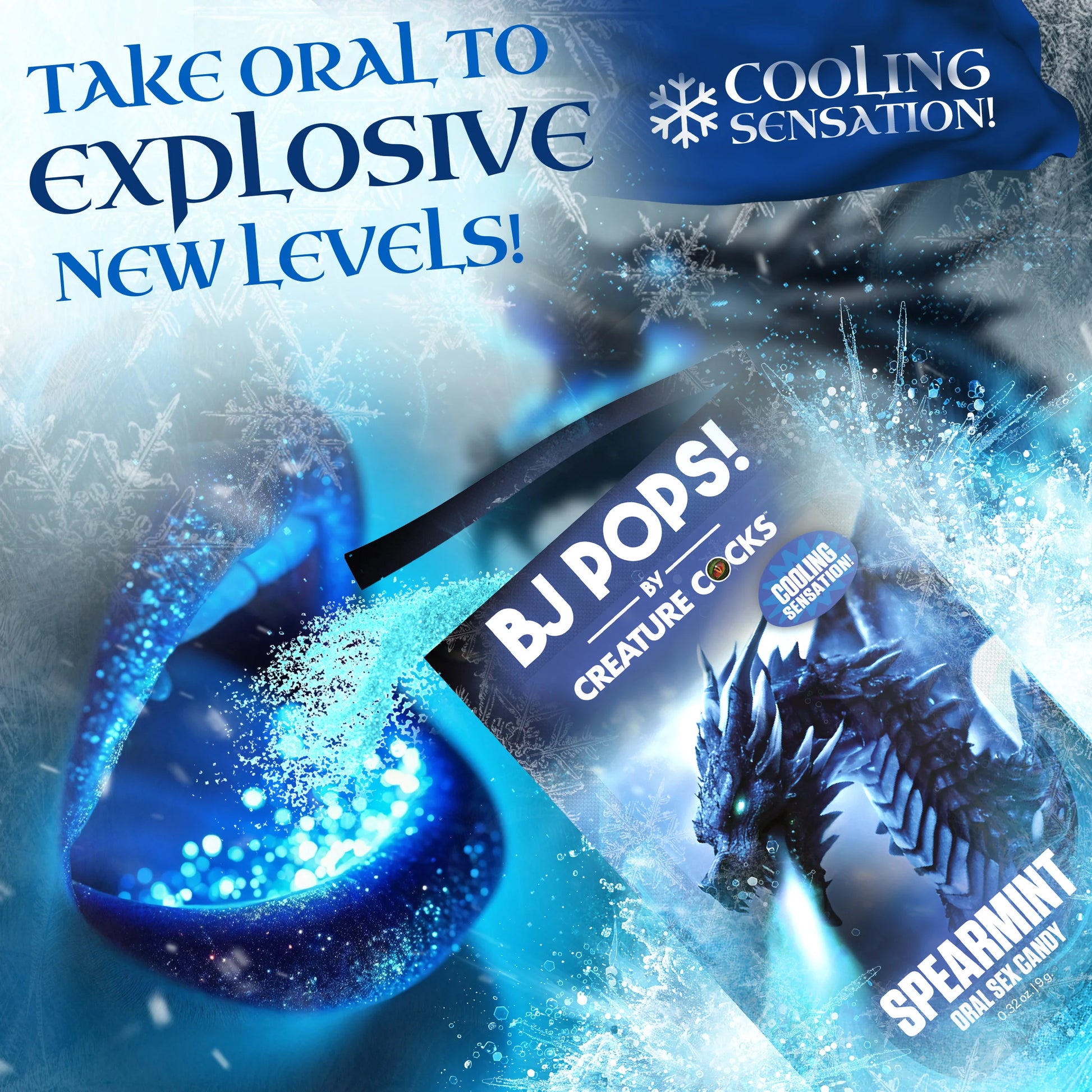 Marketing image for the Creature Cocks BJ Pops! in Spearmint says "Take oral to explosive new levels with a cooling sensation" | Kinkly Shop