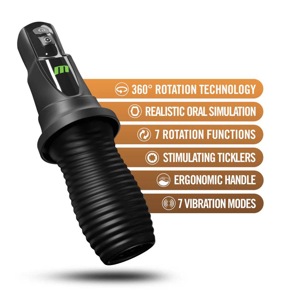 3rd Base shown next to a text list of features. Text includes: 360 rotation technology. Realistic oral simulation. 7 rotation functions. Stimulating ticklers. Ergonomic handle. 7 vibration modes. | Kinkly Shop