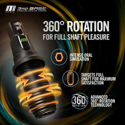 The 3rd Base with arrows shown around its surface showing how the toy moves. Text on the image reads: 360 degree rotation for full shaft pleasure. Intense oral simulation. Targets full shaft for maximum satisfaction. | Kinkly Shop