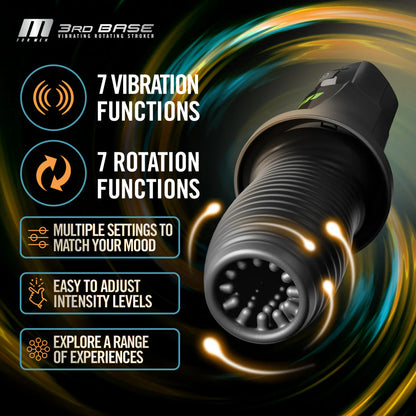 Close-up on the interior protruding noduled texture inside of the 3rd Base. Text reads: 7 vibration functions. 7 rotation functions. Multiple settings to match your mood. Easy to adjust intensity levels. Explore a range of experiences. | Kinkly Shop