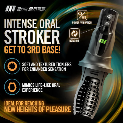 Cross-section of the internal texture of the 3rd Base showcases the protruding texture. Text reads: Intense oral stroker. Get to 3rd base. Soft and textured ticklers for enhanced sensation. Mimics life-like oral experience. Ideal for reaching new heights of pleasure. | Kinkly Shop