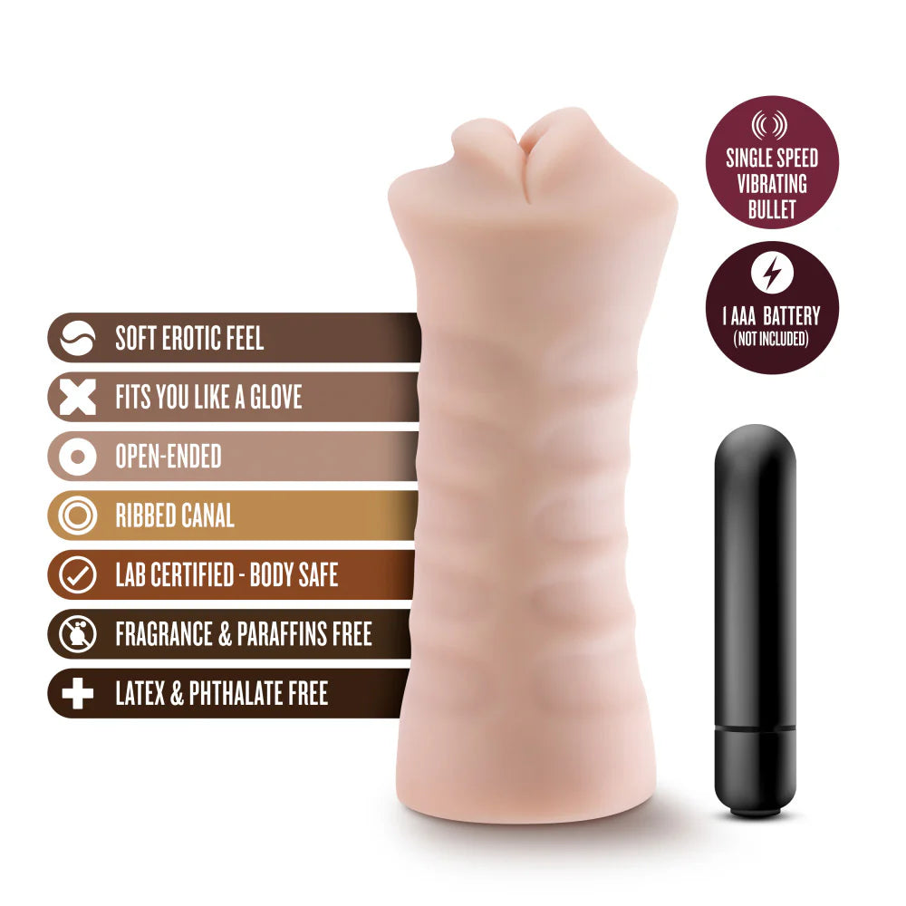 The Angie with Vibrator shown next to a text list of features. Text reads: Single speed vibrating bullet requires 1AAA battery, not included. Soft erotic feel. Fits you like a glove. Open-ended. Ribbed canal. Body-safe. Fragrance and paraffins free. Latex and phthalate-free. | Kinkly Shop