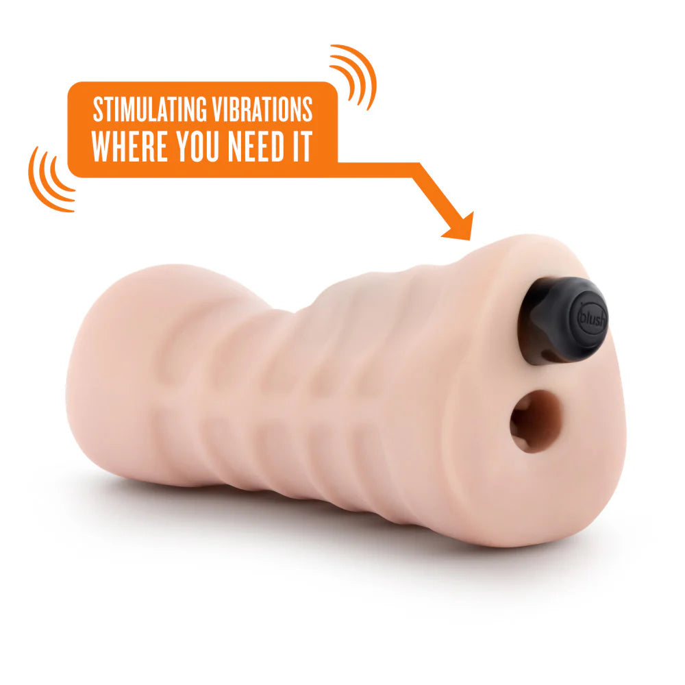 The non-insertable end has two holes in it. One of the holes is for when you want to use the vibrator with the Angie with Vibrator. Text reads: Stimulating vibrations where you need it. | Kinkly Shop