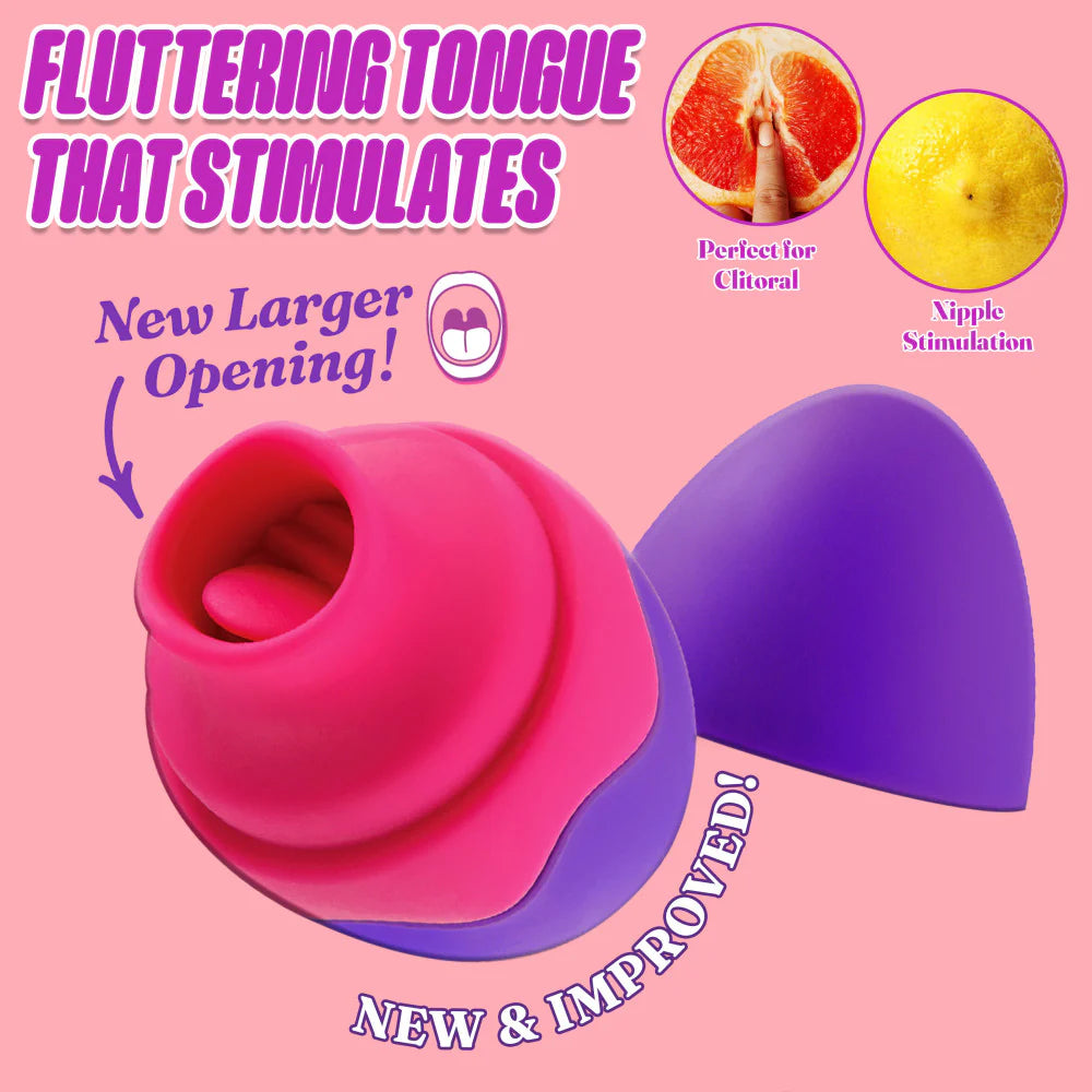 The Blush Aria Flutter Tongue shown next to a collage of images. Text reads: "Fluttering tongue that stimulates. New larger opening. New and improved. Perfect for clitoral. Nipple stimulation." | Kinkly Shop