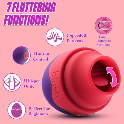 The Blush Aria Flutter Tongue shown with a close-up on the flicking tongue. Text features around the toy reads: "tongue flutters to stimulate. 7 speeds and patterns. 1 button control. Whisper quiet. Perfect for beginners." | Kinkly Shop
