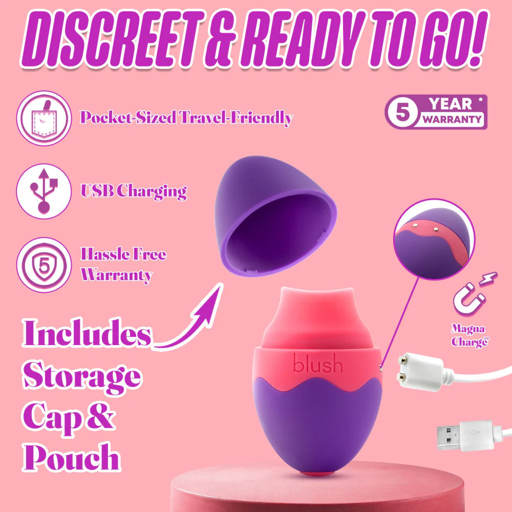 The Blush Aria Flutter Tongue with the lid shown pulled off the top of the vibrator. Text reads: "Discreet and ready to go. Pocket-sized travel-friendly. USB charging. Hassle free warranty. Includes storage cap and pouch. 5 year manufacturer's warranty. Magna charger." | Kinkly Shop
