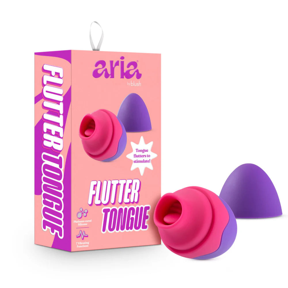 The Blush Aria Flutter Tongue shown next to the packaging that had contained it. | Kinkly Shop