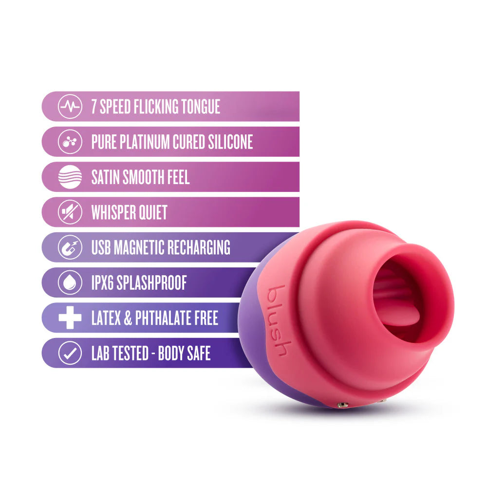 The Blush Aria Flutter Tongue shown next to a text list of features. "7 speed flicking tongue. Pure platinum cured silicone. Satin smooth feel. Whisper quiet. USB magnetic recharging. IPX6 splashproof. Latex and phthalate-free. Lab-tested and body safe" | Kinkly Shop