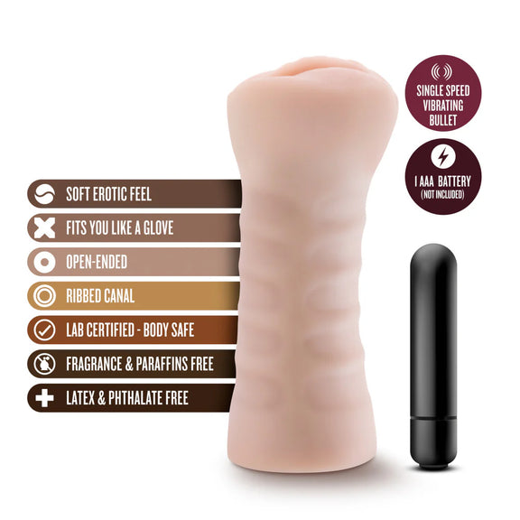 The Blush Ashley shown next to a text list of features. Text reads: Single speed vibrating bullet, 1 AAA battery (not included), soft erotic feel, fits you like a glove, open-ended, ribbed canal, lab certified body-safe, fragrance and paraffin free, latex and phthalate free | Kinkly