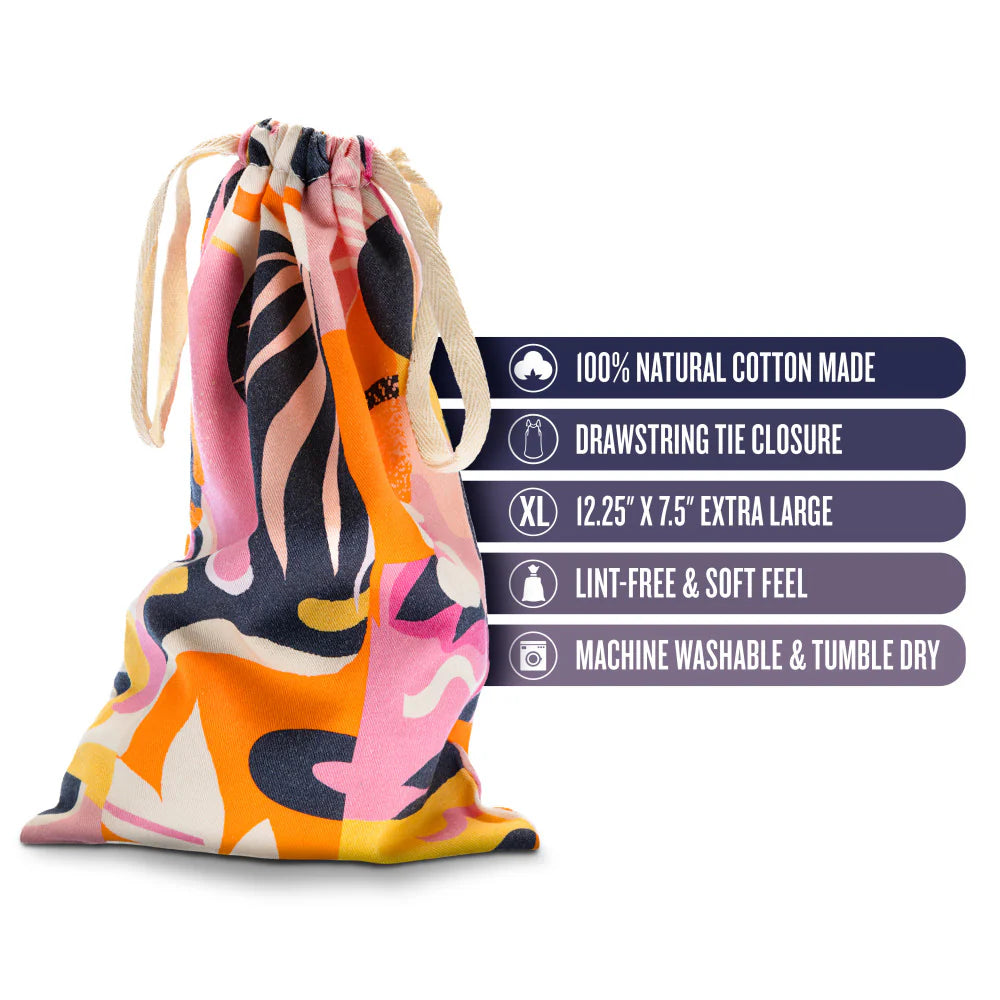 The Burst Toy Bag shown next to a text list of its features. Text includes: 100% natural cotton made, Drawstring tie closure, 12.25" x 7.5" extra large design, Lint-free and soft feel, Machine washable and tumble dry | Kinkly Shop