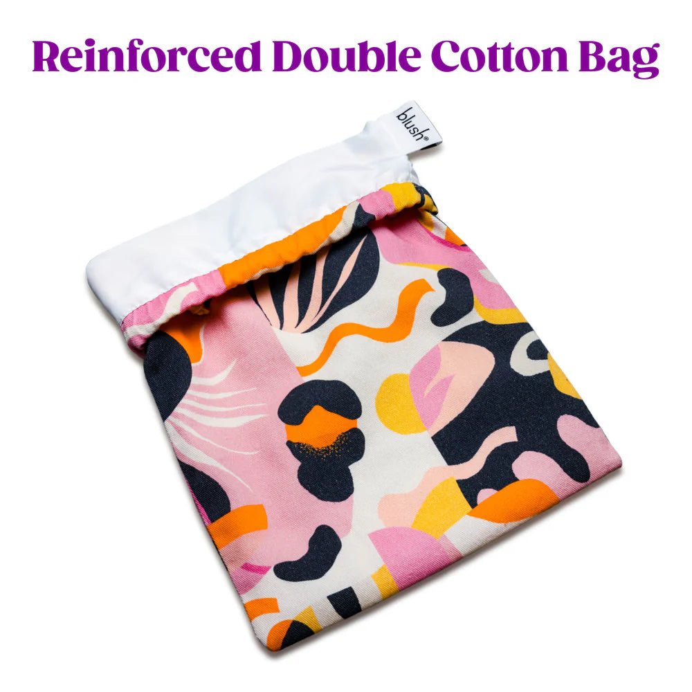 The top of the Burst Toy Bag is folded over, showcasing the white material interior. Text on the image reads: "Reinforced double cotton bag" | Kinkly Shop