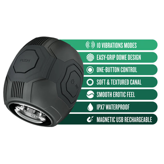 The Blush Dome X shown next to a list of features. Text includes: 10 vibration modes, Easy-grip dome design, One-button control, Soft & textured canal, Smooth erotic feel, IPX7 waterproof, Magnetic USB Rechargeable | Kinkly