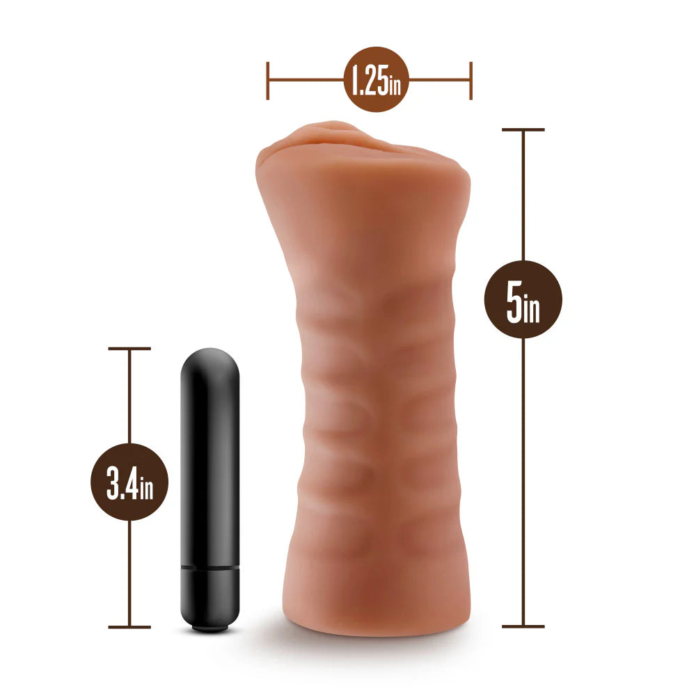 Measurements of the Blush Julieta shown next to the toys themselves. The stroker is 1.25" wide and 5" long. The bullet vibrator is 3.4" long. | Kinkly