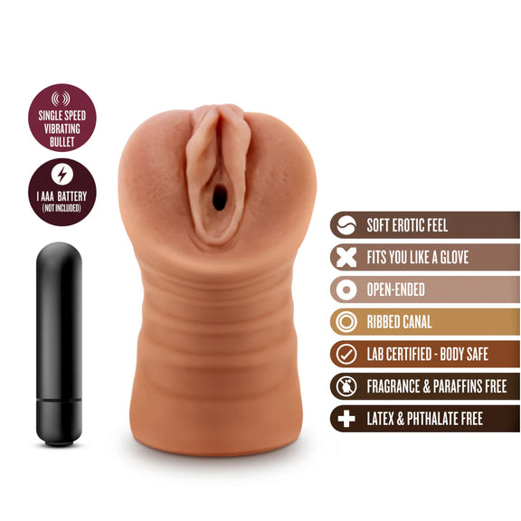 The Blush Julieta shown next to a text list describing all of its features. Text includes: "Soft erotic feel, Fits you like a glove, Open-ended, ribbed canal, lab-certified body safe, fragrance and paraffin free, latex and phthalate-free, single speed vibrating bullet, 1 AAA battery (not included). | Kinkly Shop