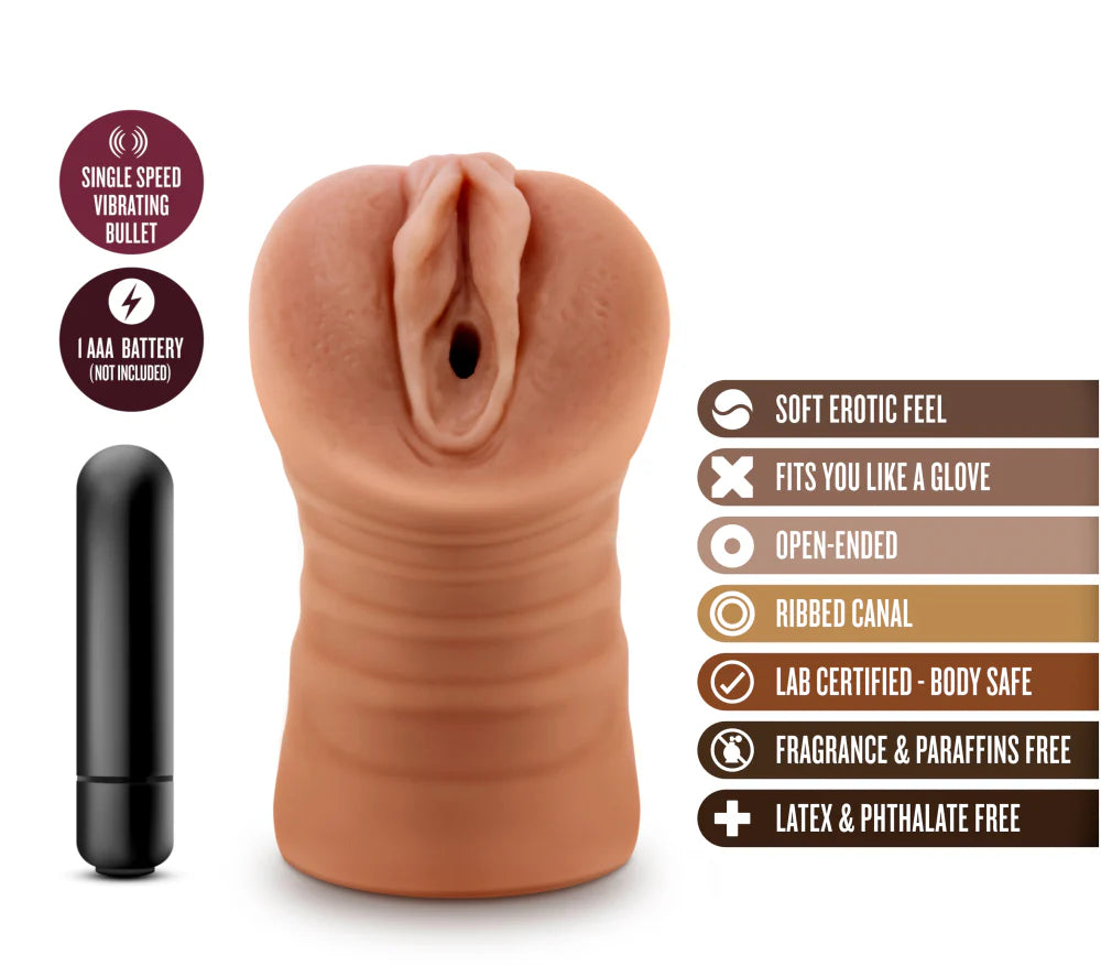 The Blush Julieta shown next to a text list describing all of its features. Text includes: "Soft erotic feel, Fits you like a glove, Open-ended, ribbed canal, lab-certified body safe, fragrance and paraffin free, latex and phthalate-free, single speed vibrating bullet, 1 AAA battery (not included). | Kinkly Shop