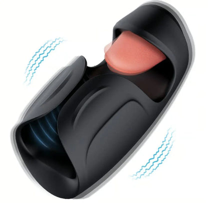 The Lickety Split shown with illustrated icons around it. This showcases the flicking tongue at the tip of the stroker and the vibrating motor throughout the shaft of the toy. | Kinkly Shop