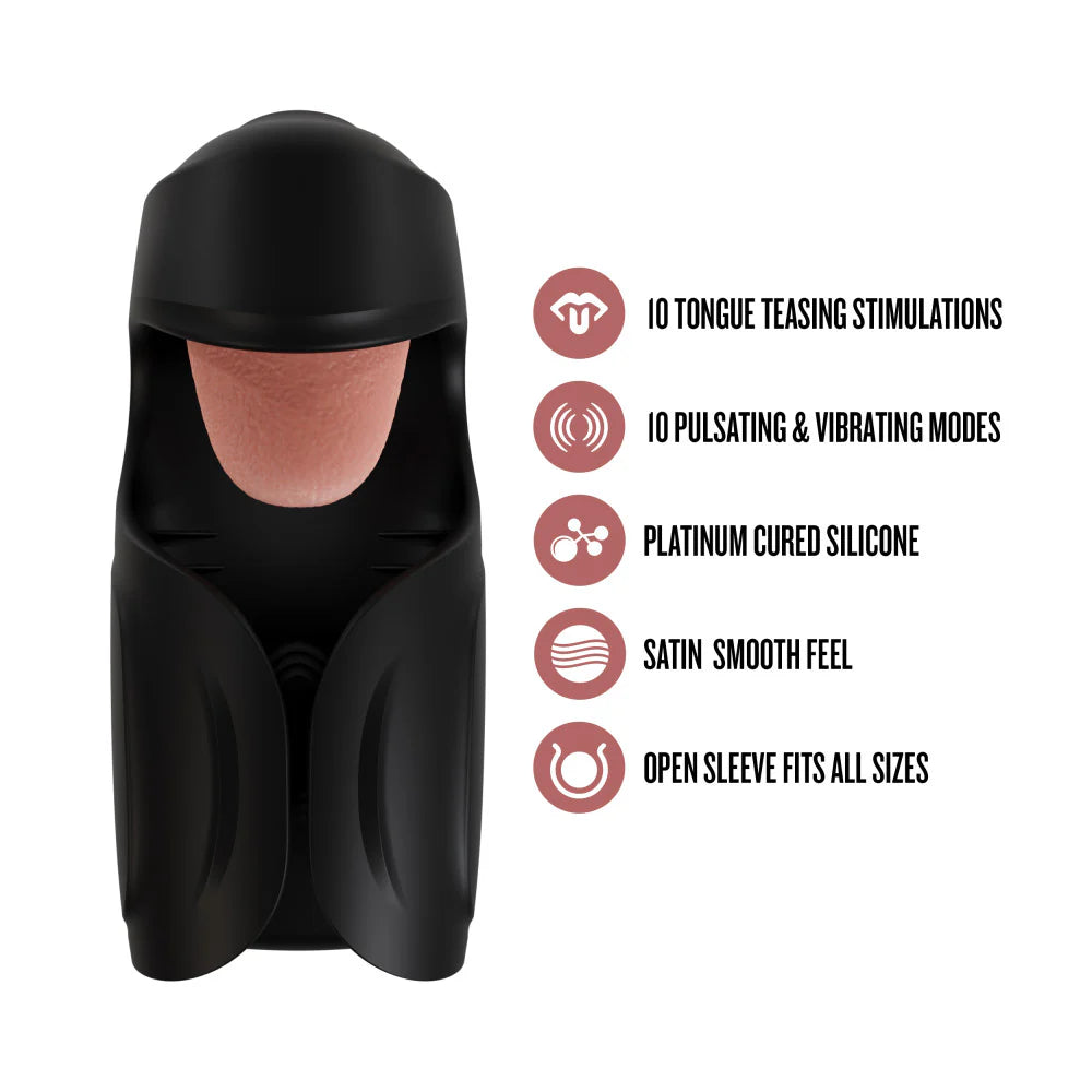 The Lickety Split shown next to a text list of all of the features. Text includes: 10 tongue teasing stimulations, 10 pulsating and vibration modes, platinum cured silicone, satin smooth feel, open sleeve fits all sizes. | Kinkly Shoop