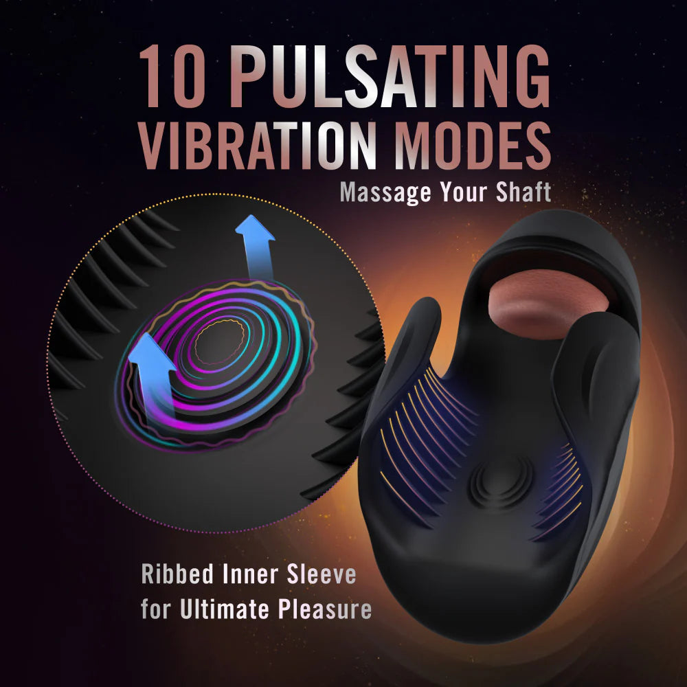 The Lickety Split is shown with blue illustrated pulsation marks showcasing where the vibrations are centered. Text on the toy reads: "10 pulsating vibration modes. Massage your shaft. Ribbed inner sleeve for ultimate pleasure." | Kinkly Shop
