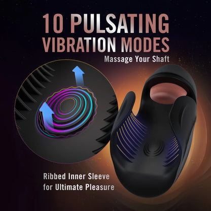 The Lickety Split is shown with blue illustrated pulsation marks showcasing where the vibrations are centered. Text on the toy reads: "10 pulsating vibration modes. Massage your shaft. Ribbed inner sleeve for ultimate pleasure." | Kinkly Shop