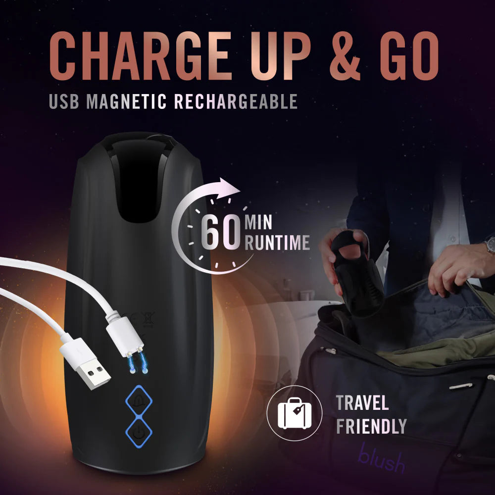 The Lickety Split shown with the magnetic charging cable attached to the magnetic charging port on the toy. Text on the image reads: "Charge up and go. USB magnetic rechargeable. 60 minute run time. Travel friendly" | Kinkly Shop
