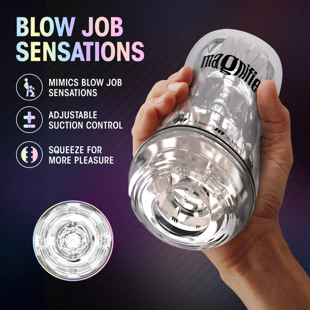 A hand holds the Blush Magnifier. Text on the image reads: Blow job sensations. Mimics blow job sensations. Adjustable suction control. Squeeze for more pleasure. | Kinkly