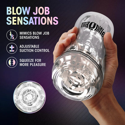 A hand holds the Blush Magnifier. Text on the image reads: Blow job sensations. Mimics blow job sensations. Adjustable suction control. Squeeze for more pleasure. | Kinkly