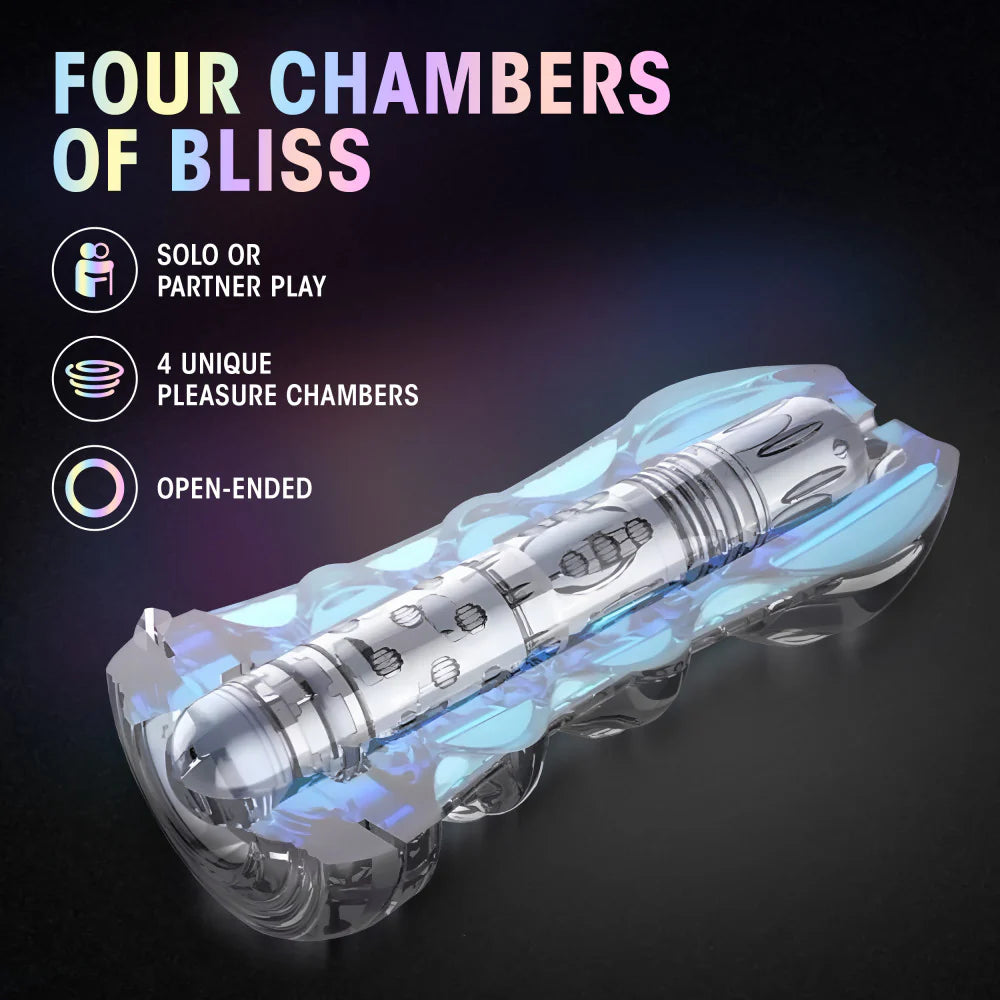 Cross-section of the stroker, showcasing the different internal textures in the stroker. Text reads: Four chambers of bliss. Solo or partner play. 4 unique pleasure chambers. Open-ended. | Kinkly