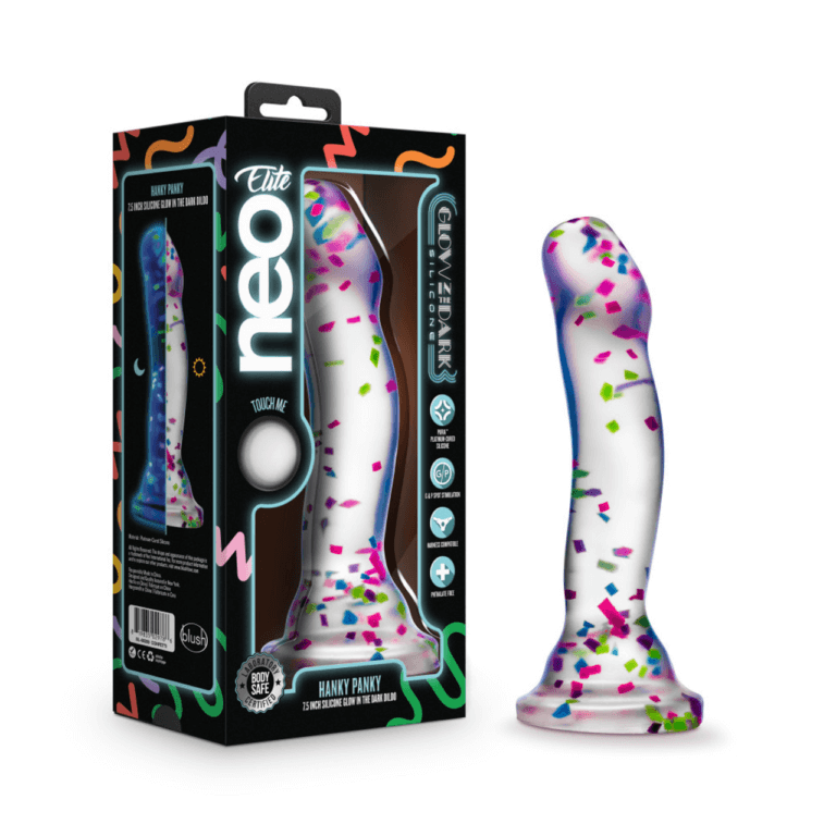 The Blush Neo Hanky Panky dildo shown next to the packaging that it comes in. | Kinkly Shop
