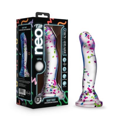 The Blush Neo Hanky Panky dildo shown next to the packaging that it comes in. | Kinkly Shop