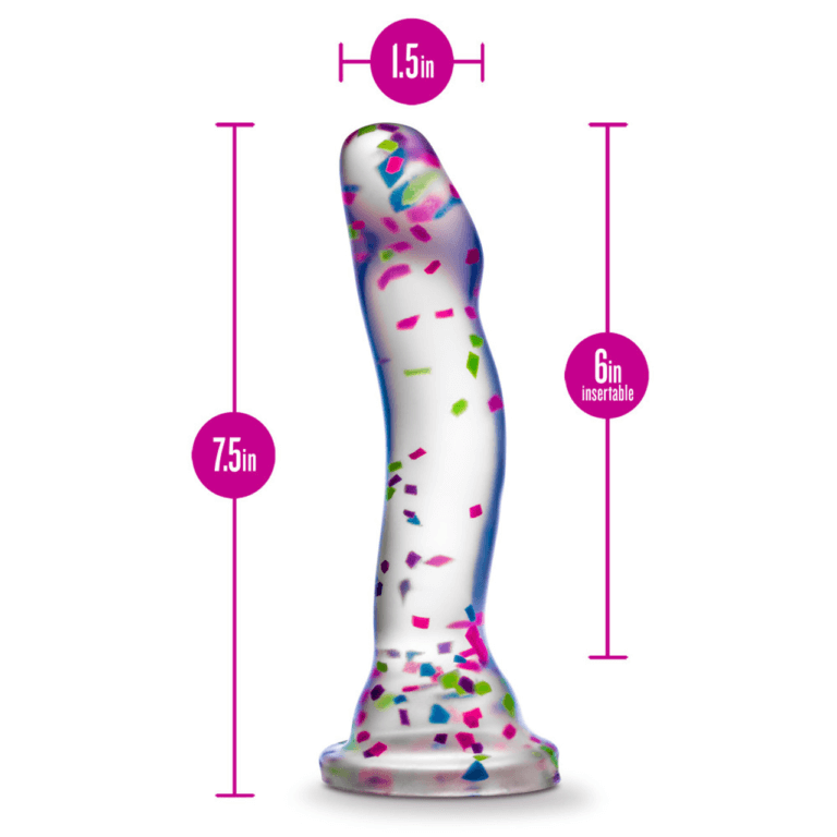 A photo of the Blush Neo Hanky Panky dildo with measurements superimposed over the photo of the dildo. All measurements are included within text on the product page. | Kinkly Shop