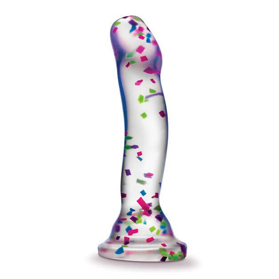 The Blush Neo Hanky Panky dildo up against a plain white background. The dildo looks see-through with interesting confetti design within the dildo. | Kinkly Shop