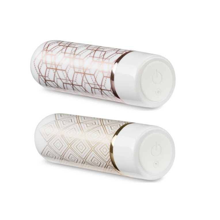 Two Blush Glitzy bullet vibes laying next to each other to display the single-button control structure on their bases | Kinkly Shop