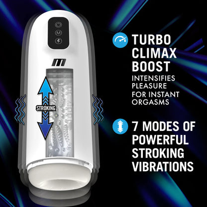 Cross-section of the stroker showcases the interior texture. Text on the image reads: Turbo climax boost. Intensifies pleasure for instant orgasms. 7 modes of powerful stroking vibrations | Kinkly