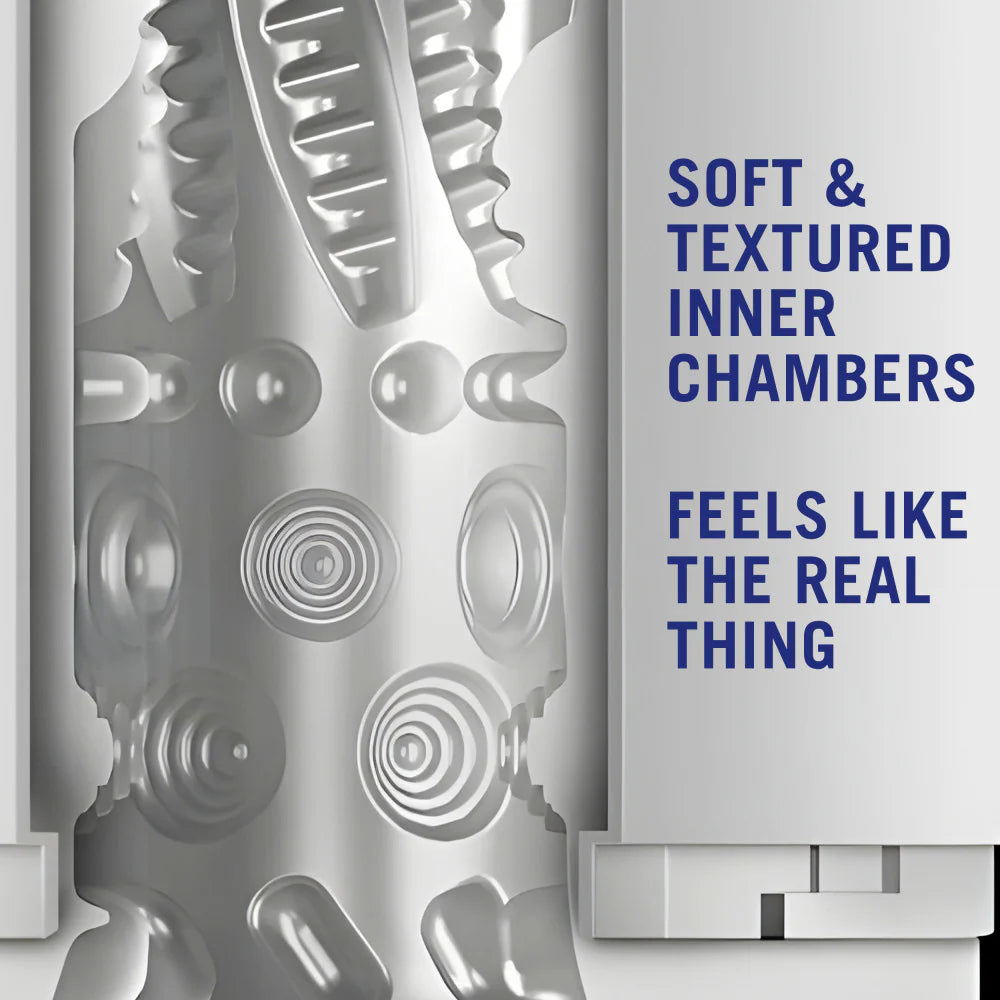 Close-up on the texture that makes up the stroker. Text on the image reads: Soft and textured inner chambers. feels like the real thing. | Kinkly