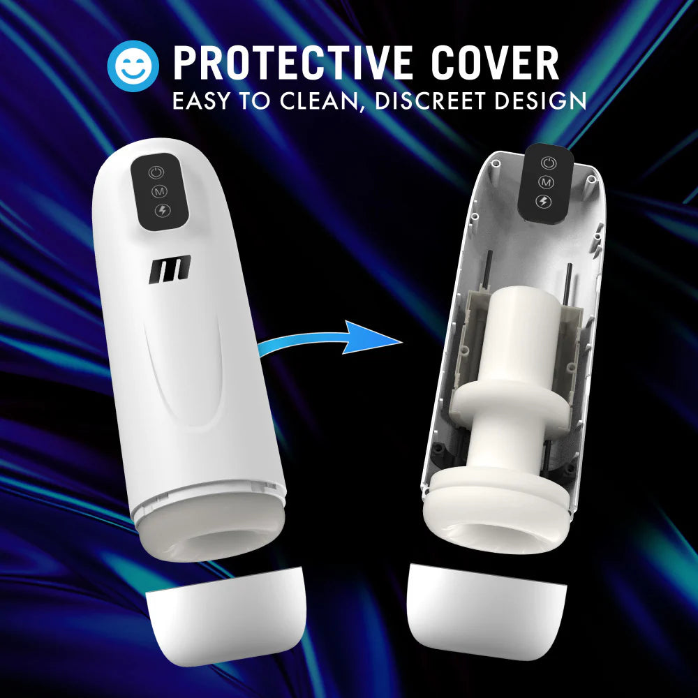 The cover of the Blush Robo-Bator is removed, showcasing the stroker in its interior. Text on the image reads: Protective cover. Easy to clean, discreet design | Kinkly