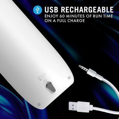 Charging port for the Blush Robo-Bator shown opened up to show where the charger plugs in. Text on the image reads: USB Rechargeable. Enjoy 60 minutes of run time on a full charge. | Kinkly
