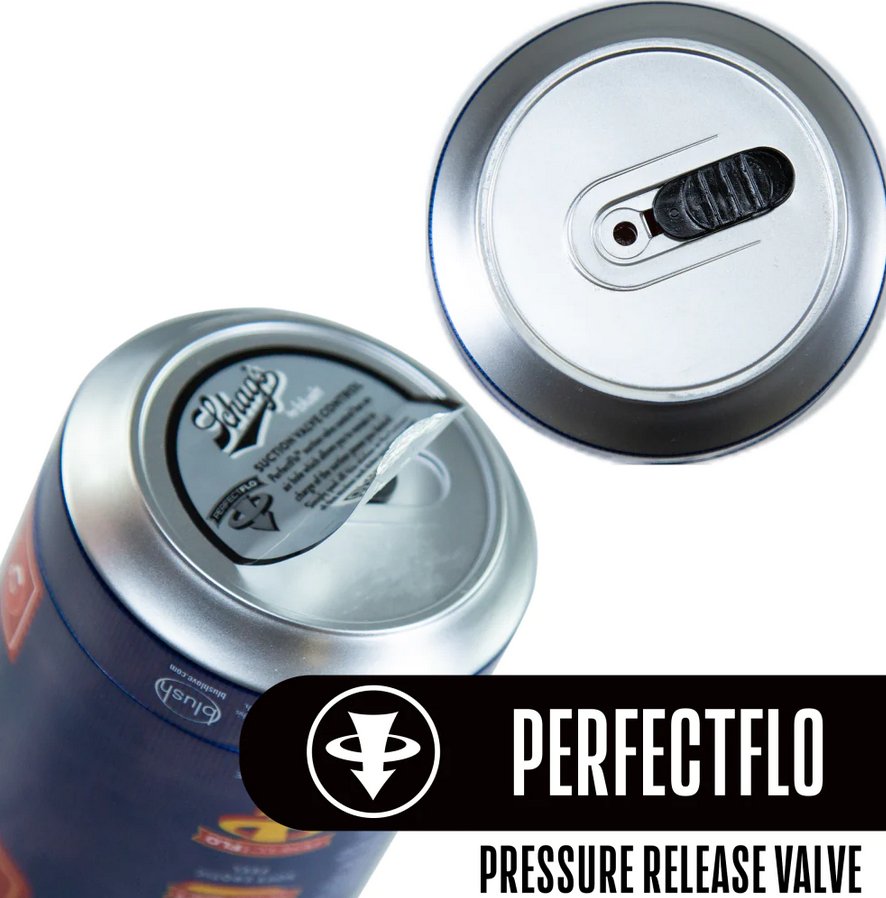Close-up of the underside of the Blush Schag's Beer Stroker case. There's a black plastic slide that can move to the side to allow air in through the base, changing the suction. Text on the image reads "Perfect Flow. Pressure Release Valve." | Kinkly Shop