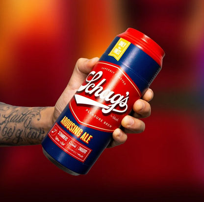 A hand holds the Blush Schag's Beer Stroker case. The lid is still on the stroker, and it looks like a large beer can that someone is about to drink. | Kinkly Shop