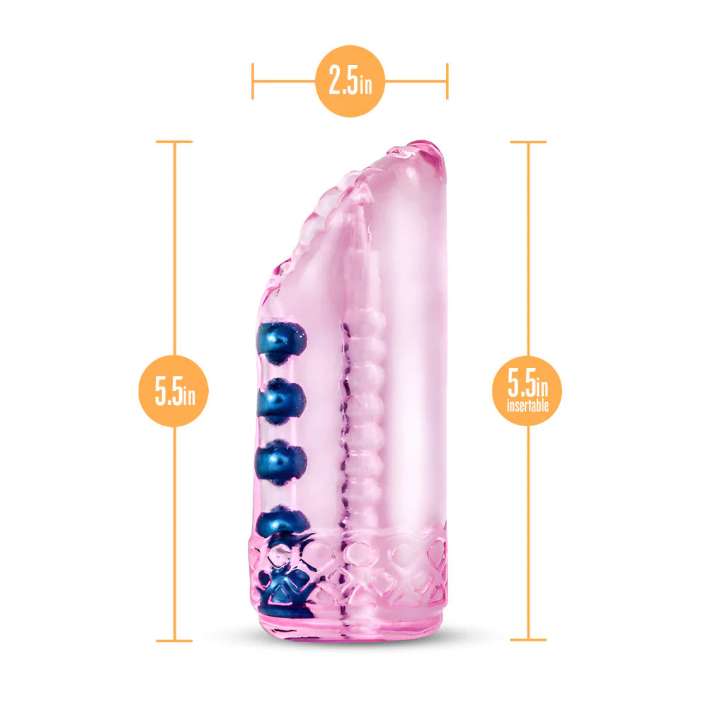 The Blush Sexy Snatch with measurements superimposed overtop of the stroker. All measurements are included within the product text. | Kinkly Shop