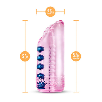 The Blush Sexy Snatch with measurements superimposed overtop of the stroker. All measurements are included within the product text. | Kinkly Shop