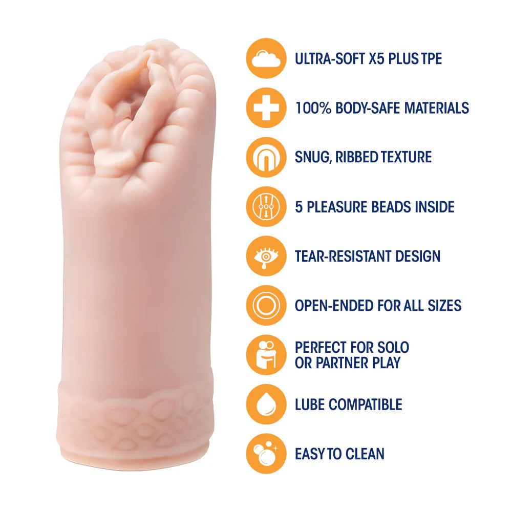 The Blush Sexy Snatch shown next to a text list of features. Text on the image reads: Ultra-soft X5 Plus TPE. Body-safe materials. Snug, ribbed texture. 5 pleasure beads inside. Tear-resistant design. Open-ended for all sizes. Perfect for solo or partner play. Lube compatible. Easy to clean. | Kinkly Shop