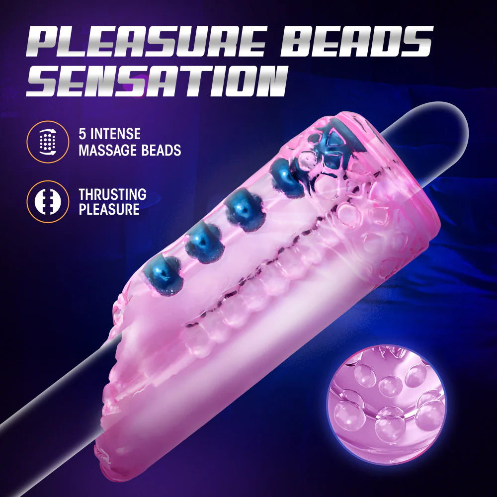 The transparent design of the pink Blush Sexy Snatch showcasing the 5 massage beads embedded into the material of the stroker. Text on the image reads: Pleasure beads sensation. 5 intense massage beads. Thrusting pleasure. | Kinkly Shop