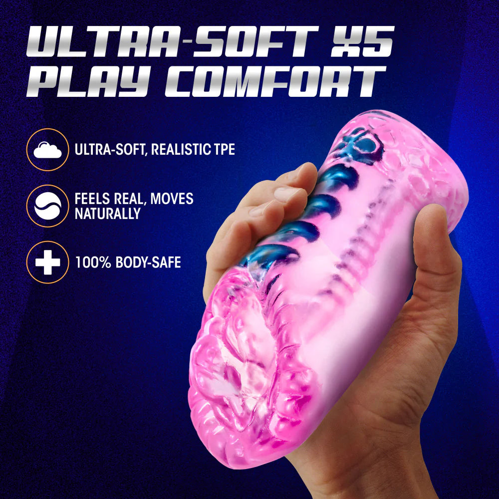 A hand holds the Blush Sexy Snatch. Text on the image reads: "Ultra-soft X5 play comfort. Ultra-soft, realistic TPE. Feels real, moves naturally. 100 body-safe. | Kinkly Shop